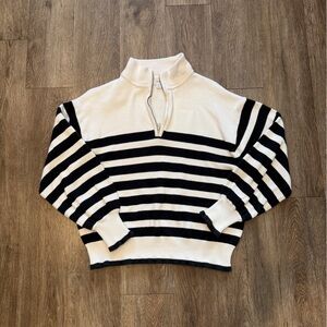 J Crew Factory Black & Cream Striped Quarter Zip Sweater